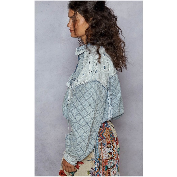 POL Acid Wash Denim Zip up Lace Quilted Jacket - Picture 5 of 6